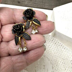 Vintage Black Rose Clip-On Earrings With Gold Leaf & Rhinestone Accents